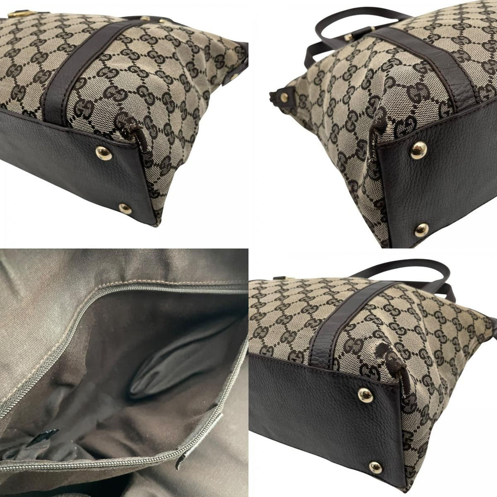 Gucci GG Canvas Leather Tote Shoulder Bag Gray Dark Brown Gold Charm — view 8