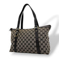 Gucci GG Canvas Leather Tote Shoulder Bag Gray Dark Brown Gold Charm