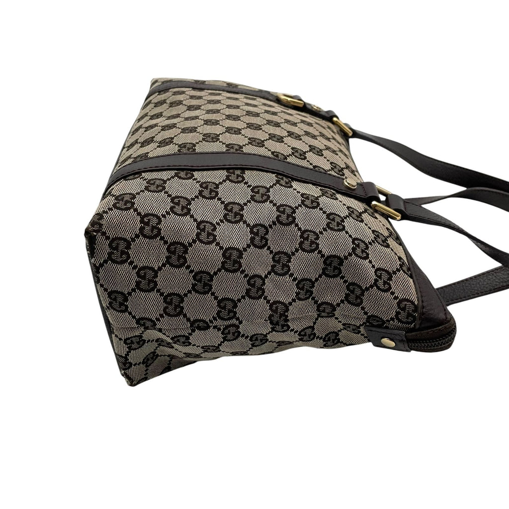 Gucci GG Canvas Leather Tote Shoulder Bag Gray Dark Brown Gold Charm — view 6