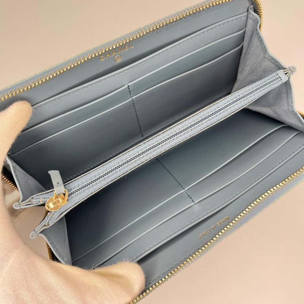 Chanel Deauville Striped Zip Around Wallet Turquoise Green Card — view 6
