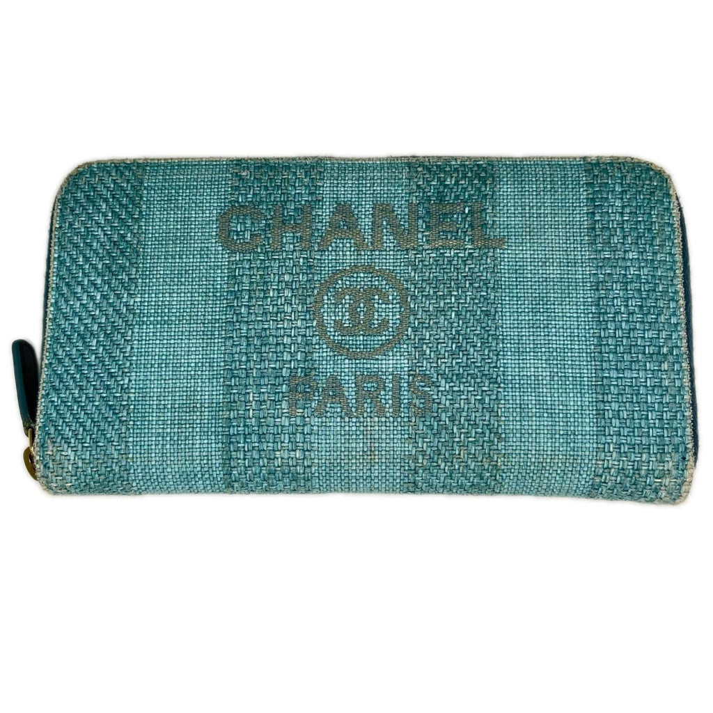 Chanel Deauville Striped Zip Around Wallet Turquoise Green Card