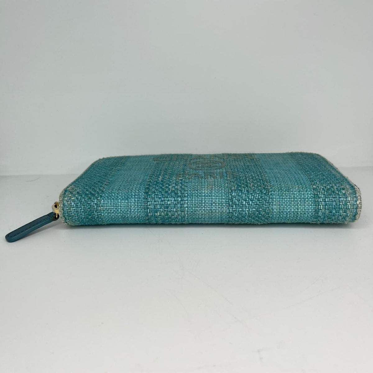 Chanel Deauville Striped Zip Around Wallet Turquoise Green Card — view 4