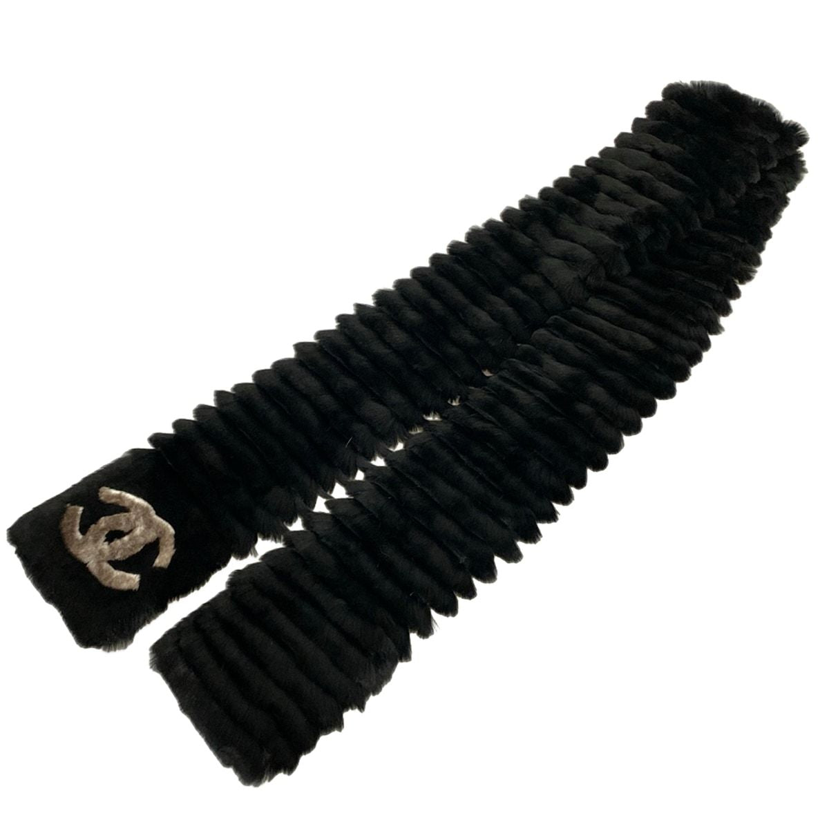 Chanel Scarf Black Gray CC Logo Cashmere Fur Rabbit — view 3