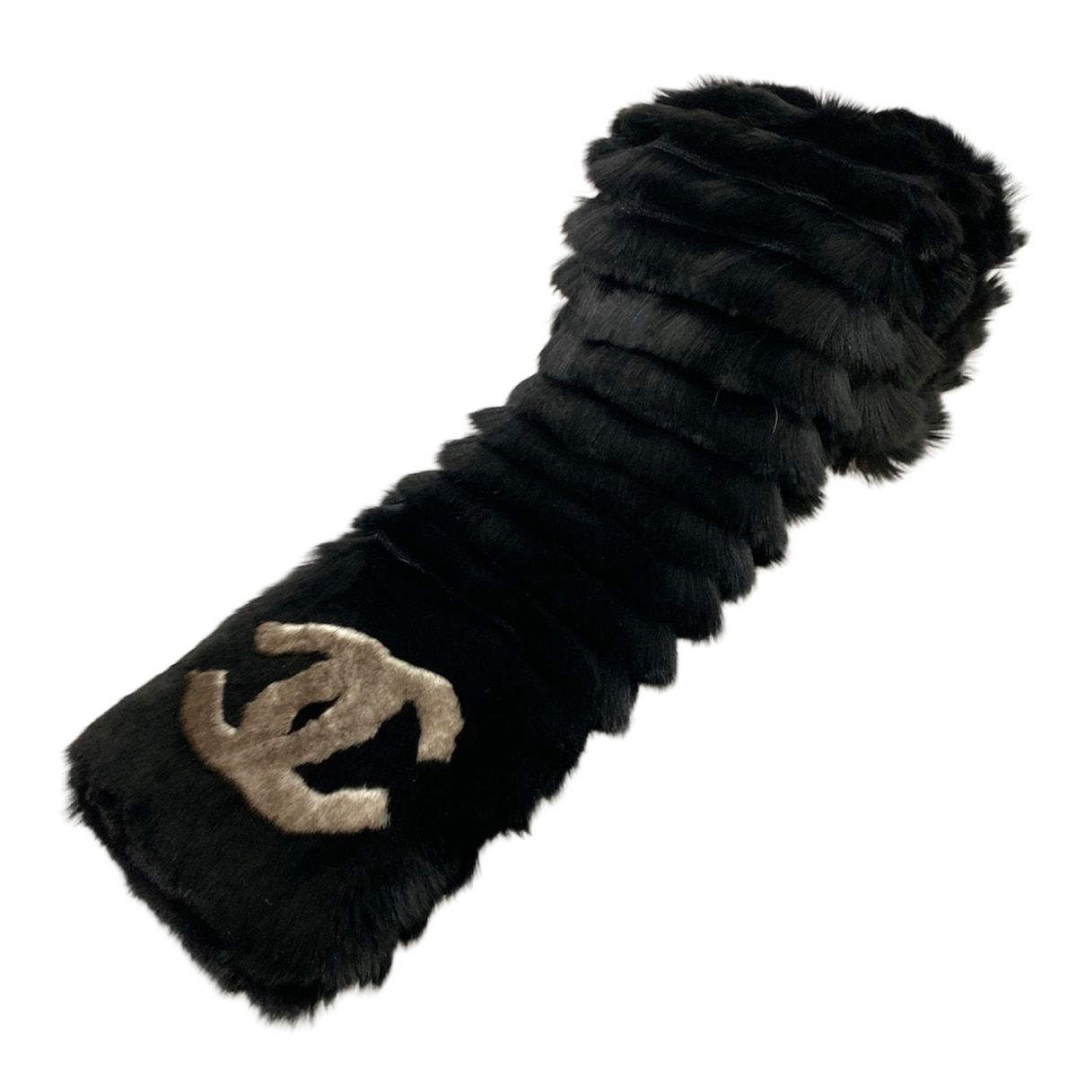 Chanel Scarf Black Gray CC Logo Cashmere Fur Rabbit