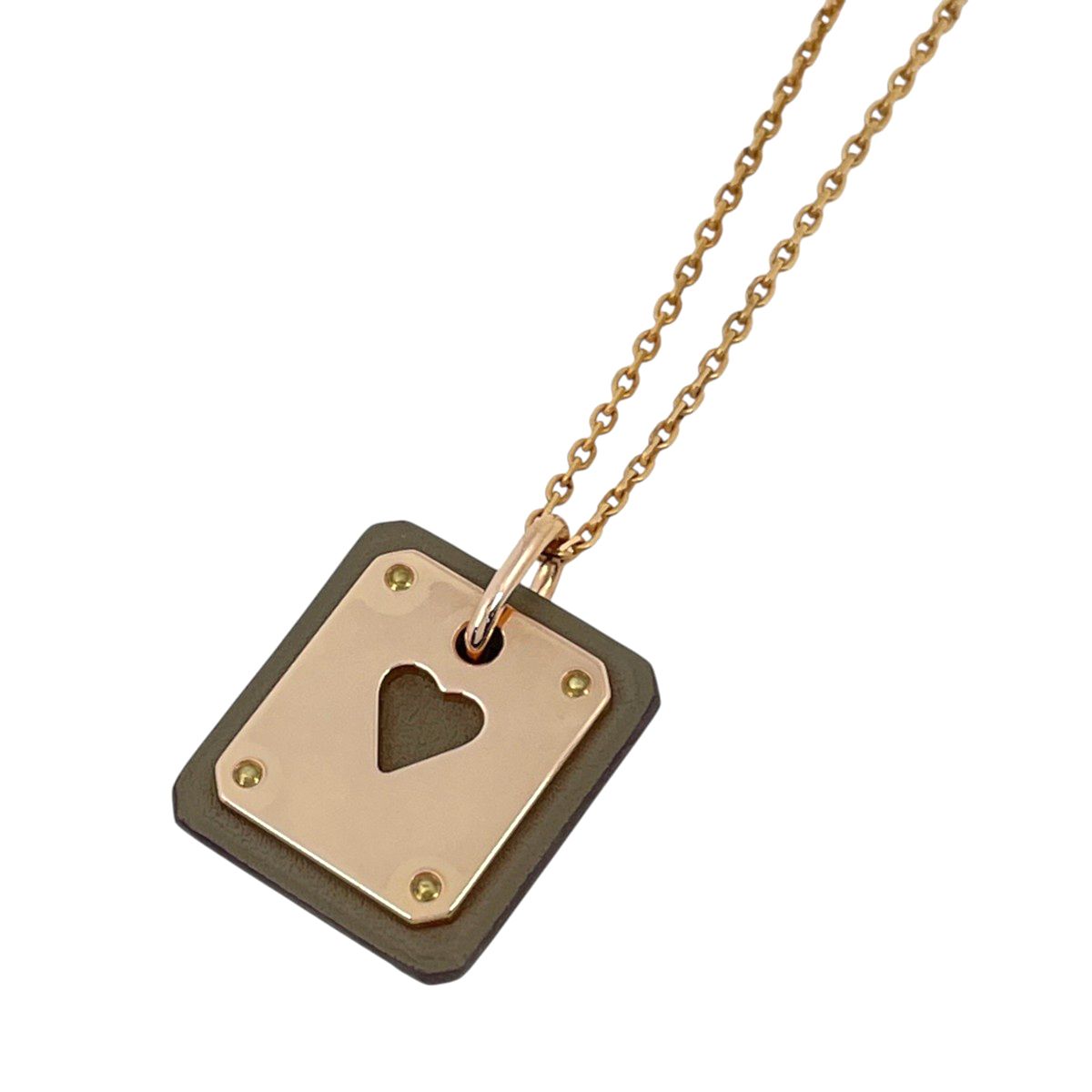 Hermes Necklace As de Coeur PM Metal Leather Pink Gold Brown