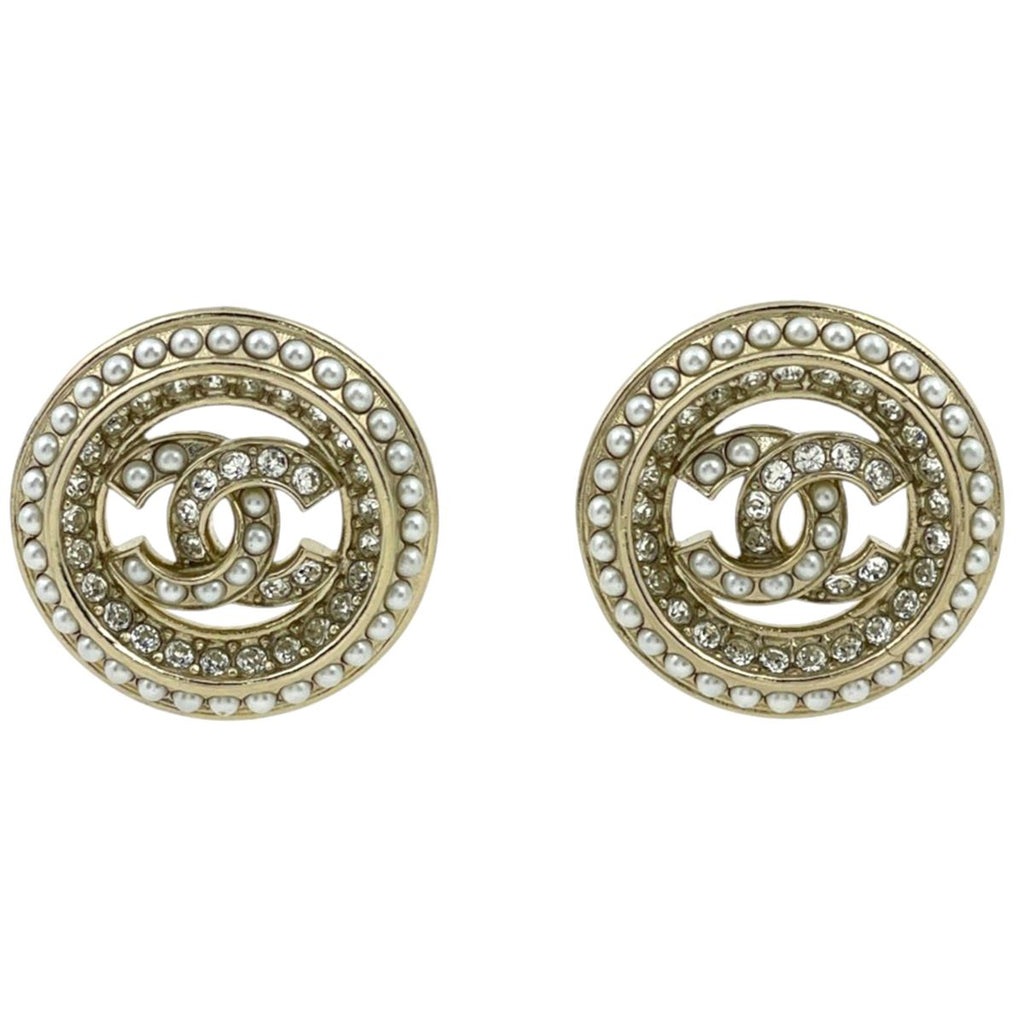 Chanel Earrings CC Logo Faux Pearl Rhinestone Gold