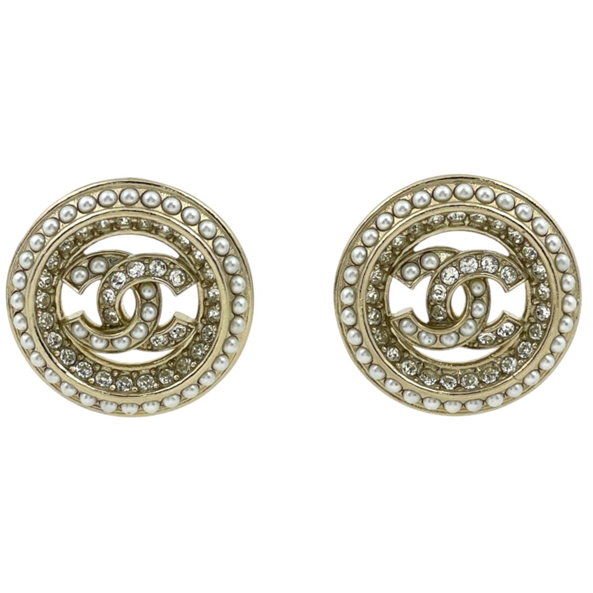Chanel Earrings CC Logo Faux Pearl Rhinestone Gold