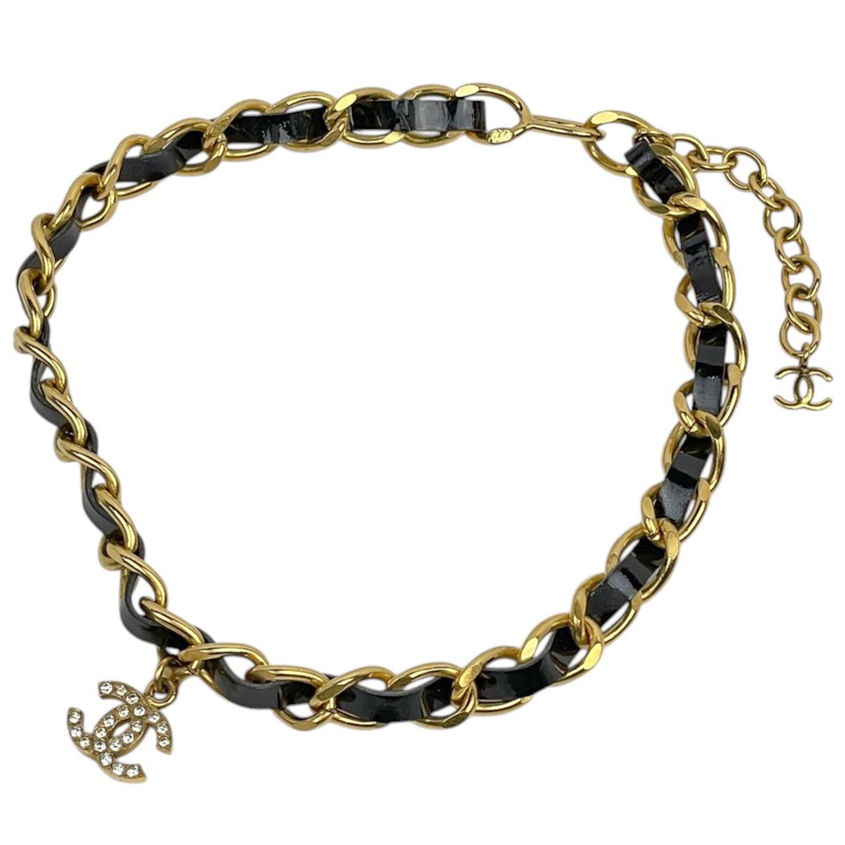 Chanel Necklace CC Logo Chain Leather Rhinestone Gold
