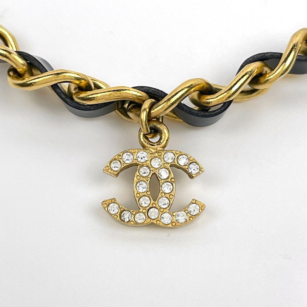 Chanel Necklace CC Logo Chain Leather Rhinestone Gold — view 2
