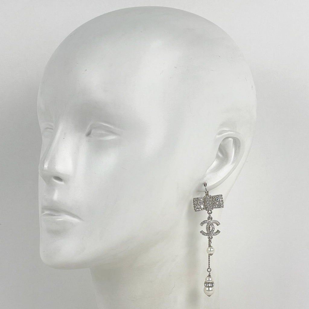 Chanel Earrings CC Logo Swing Faux Pearl Silver Plated — view 5