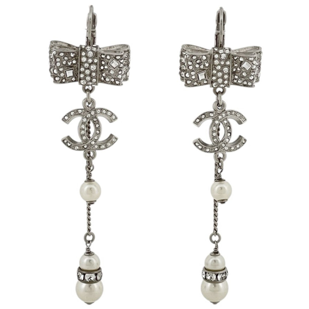 Chanel Earrings CC Logo Swing Faux Pearl Silver Plated