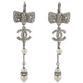Chanel Earrings CC Logo Swing Faux Pearl Silver Plated