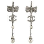 Chanel Earrings CC Logo Swing Faux Pearl Silver Plated