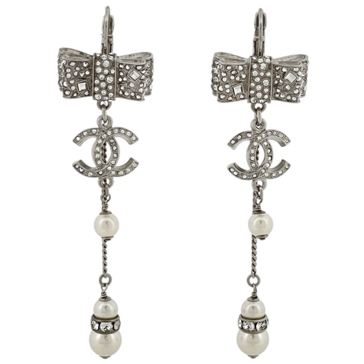 Chanel Earrings CC Logo Swing Faux Pearl Silver Plated