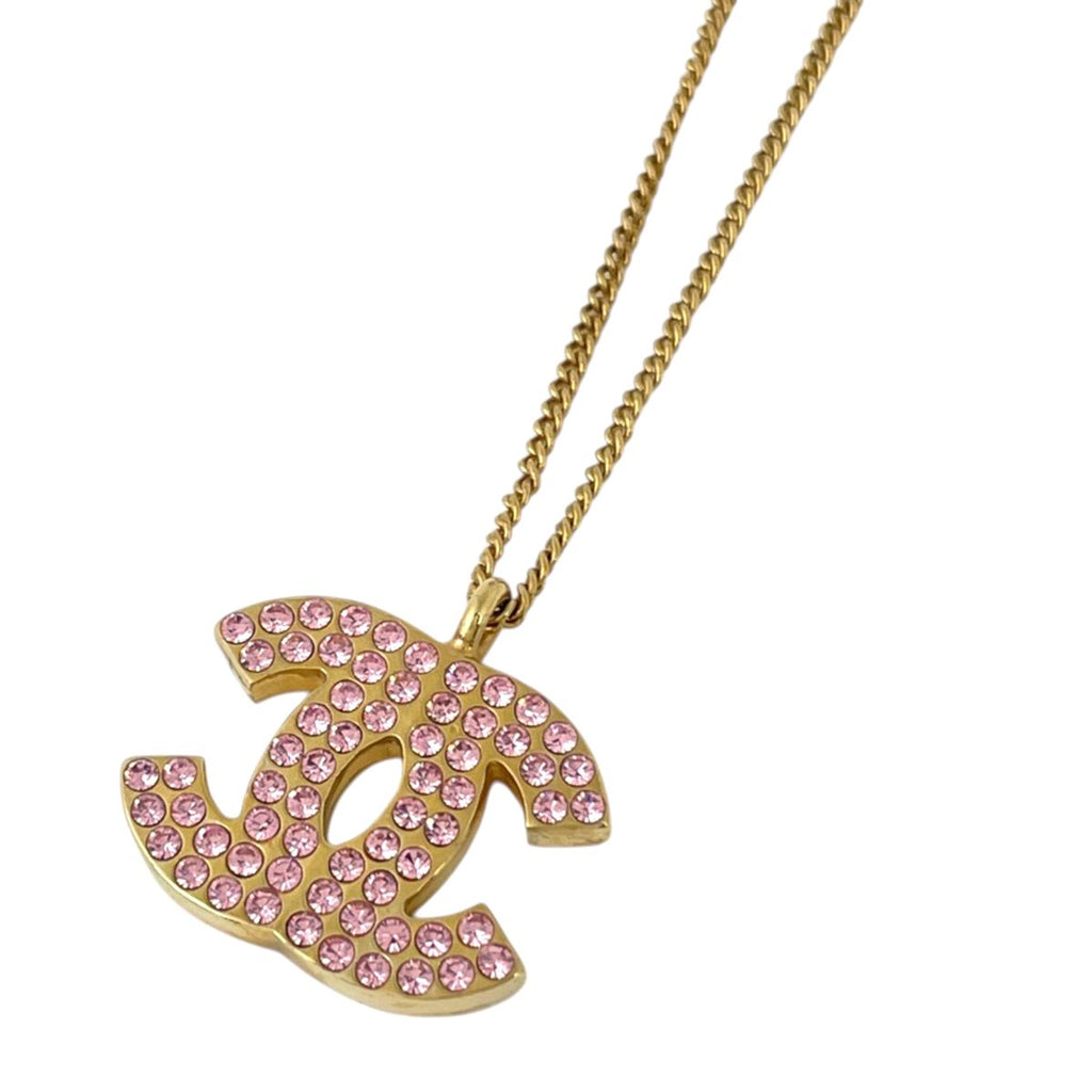 Chanel Necklace CC Logo Rhinestone Gold Pink
