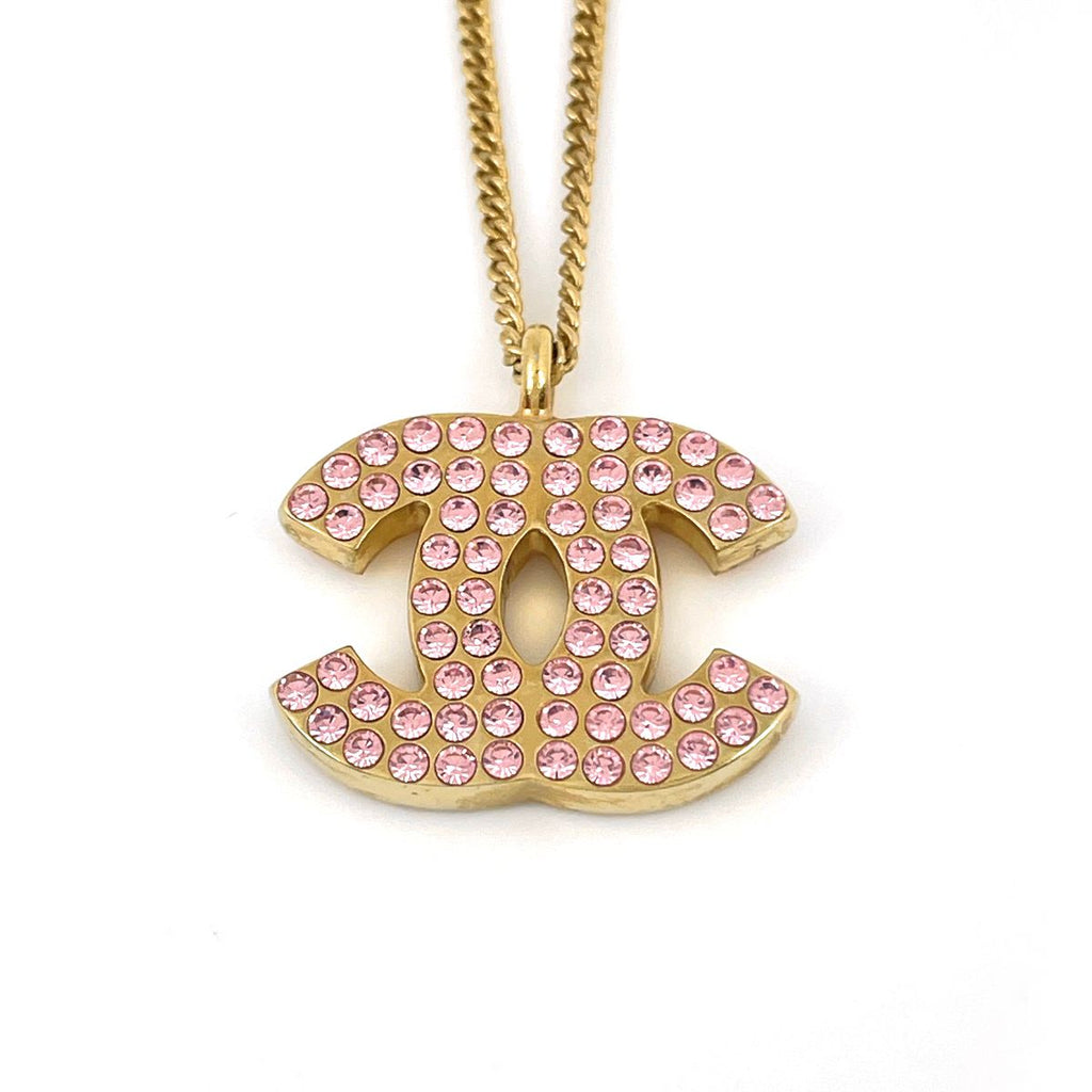 Chanel Necklace CC Logo Rhinestone Gold Pink — view 2