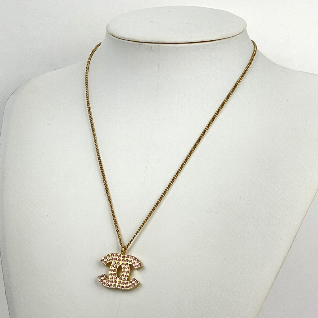 Chanel Necklace CC Logo Rhinestone Gold Pink — view 5
