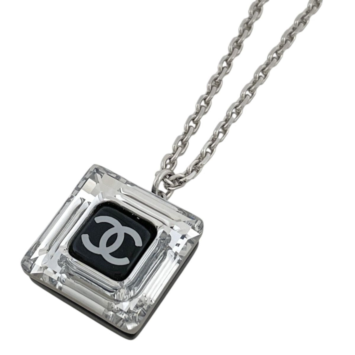 Chanel Necklace CC Logo Square Silver Plated Plastic Black