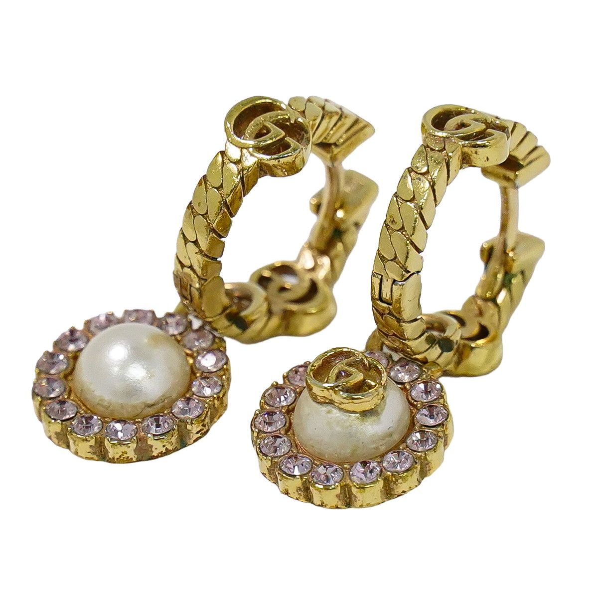 Gucci Double G Faux Pearl Rhinestone Hoop Earrings Gold Plated White