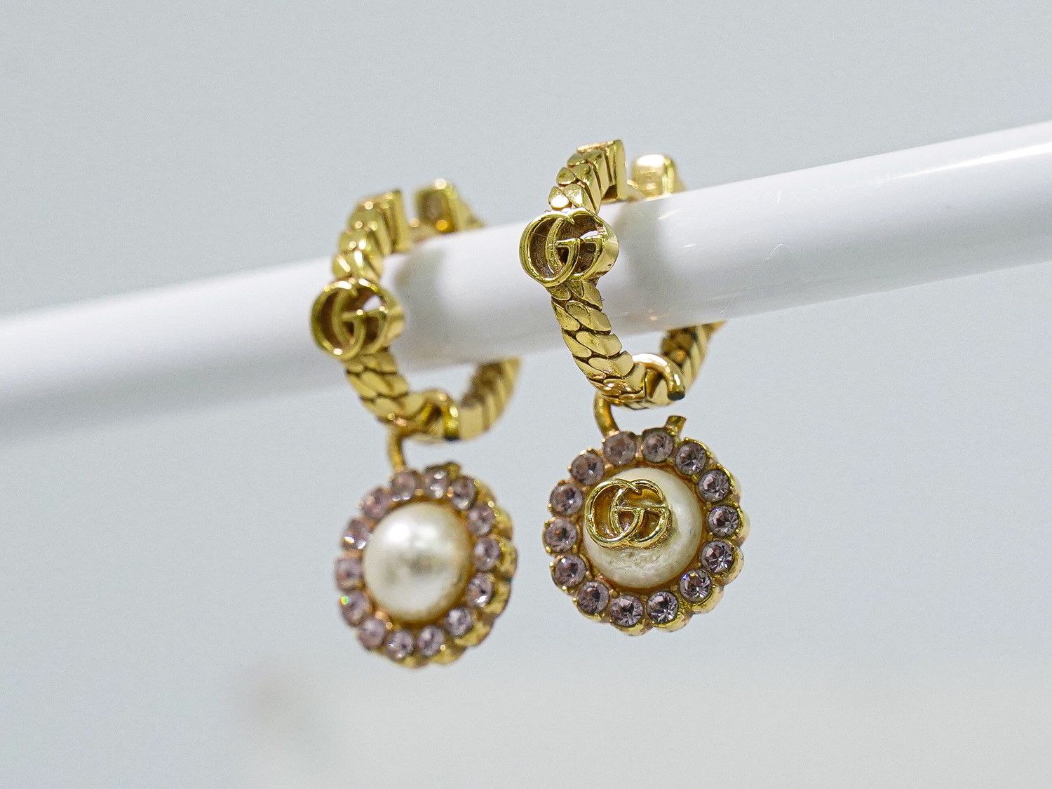 Gucci Double G Faux Pearl Rhinestone Hoop Earrings Gold Plated White — view 7
