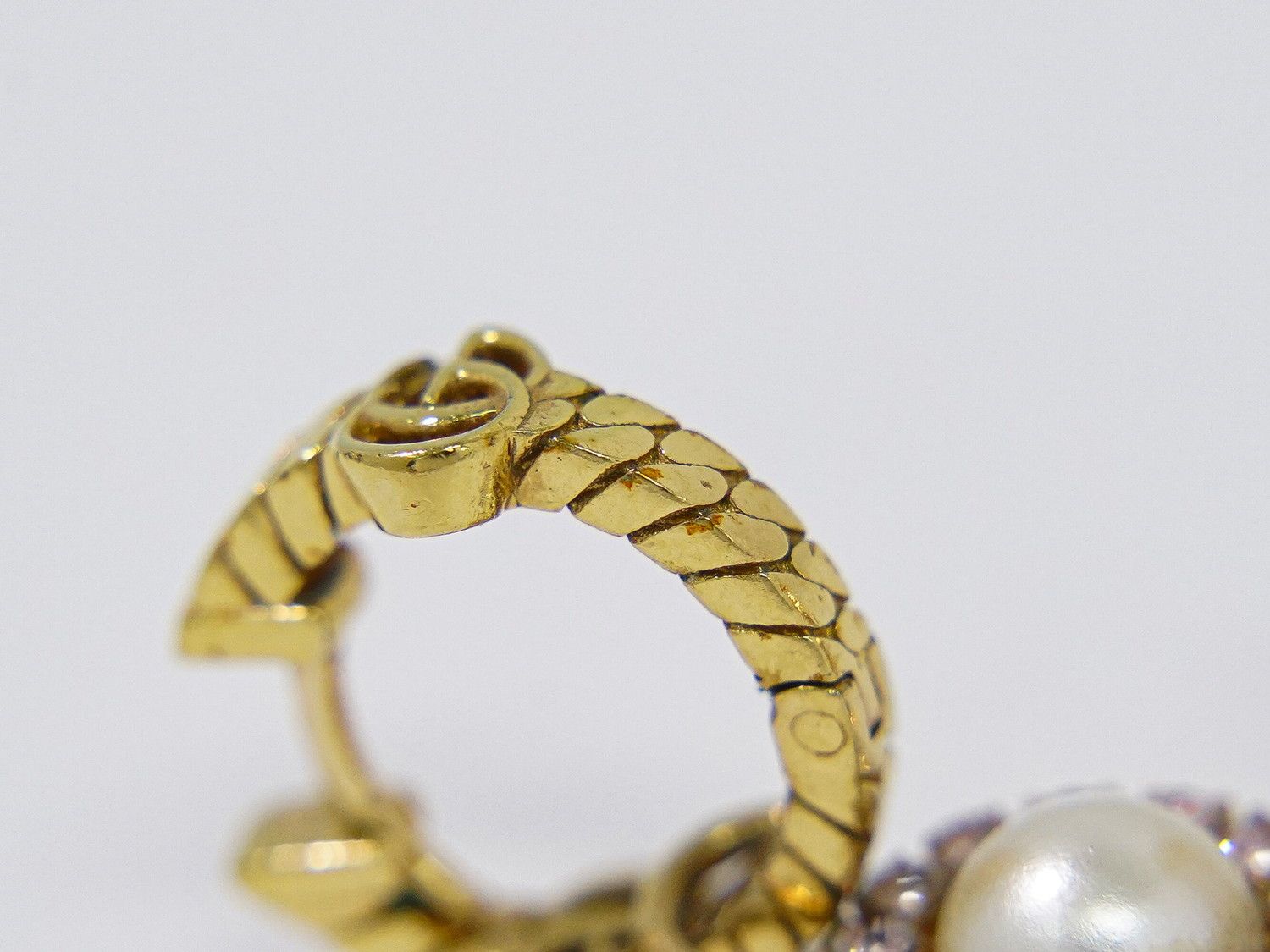 Gucci Double G Faux Pearl Rhinestone Hoop Earrings Gold Plated White — view 3