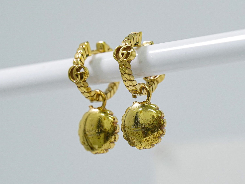 Gucci Double G Faux Pearl Rhinestone Hoop Earrings Gold Plated White — view 8