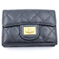 Chanel Quilted Compact Wallet Trifold Coin Purse Black Lambskin Gold