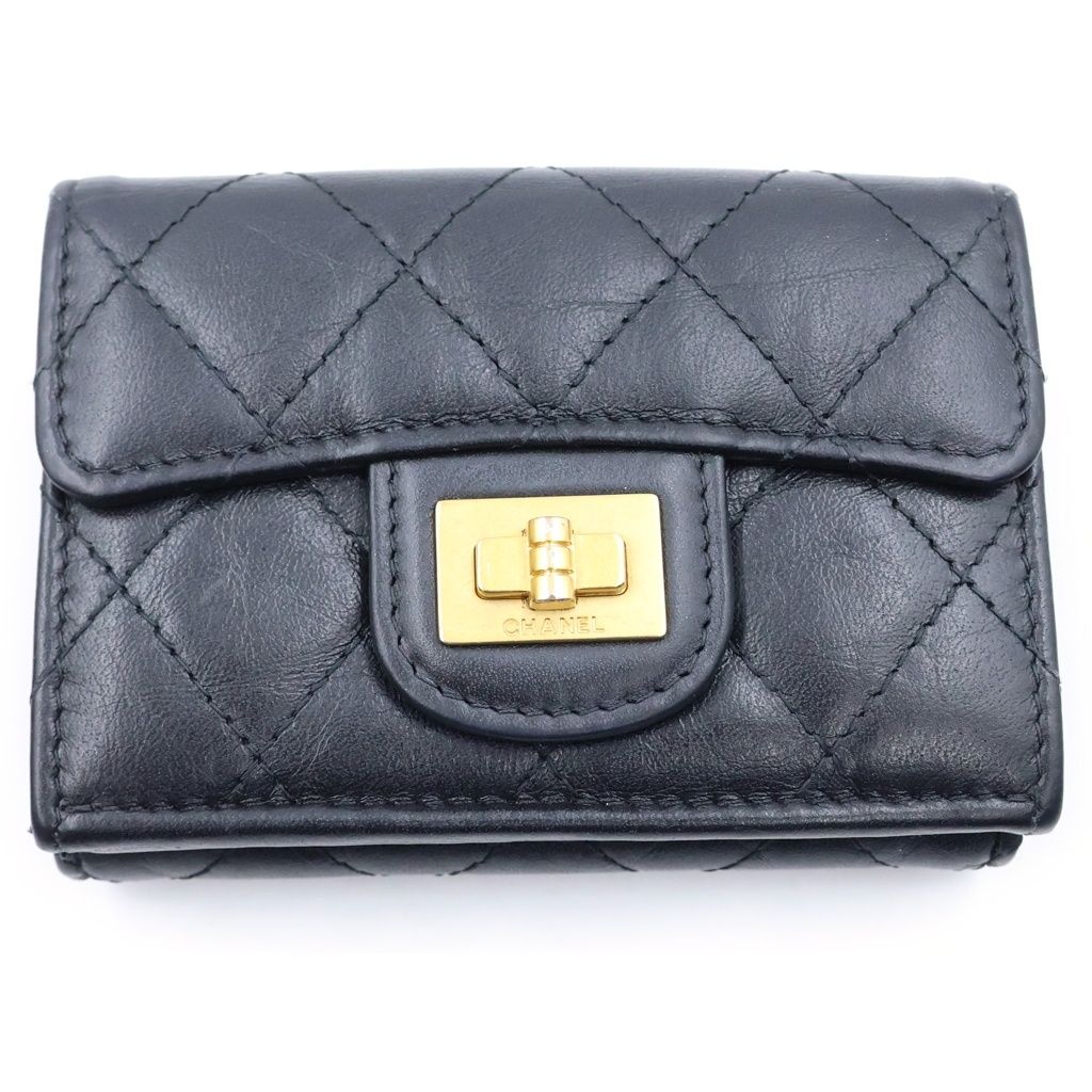 Chanel Quilted Compact Wallet Trifold Coin Purse Black Lambskin Gold