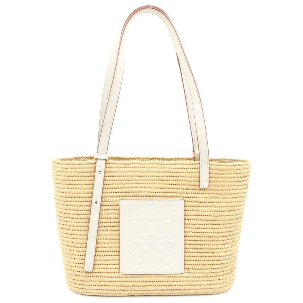 Loewe Anagram Basket Tote Small Square Raffia Leather Beige White