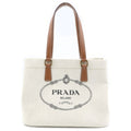 Prada Tote Logo Canvas Leather White Brown
