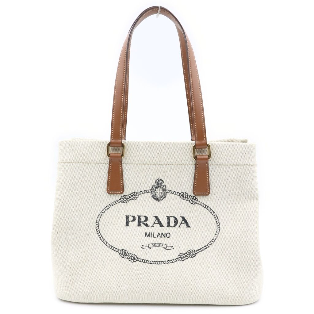 Prada Tote Logo Canvas Leather White Brown