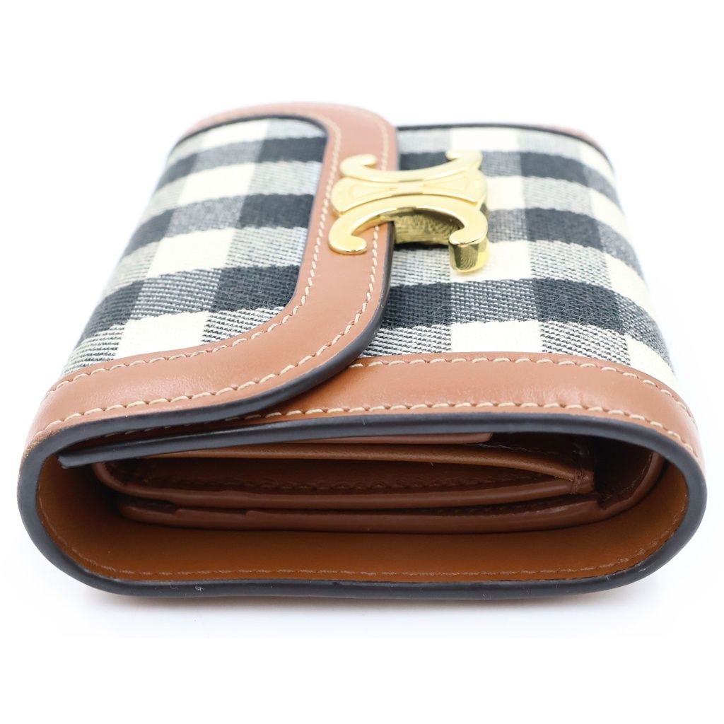 Celine Triomphe Check Trifold Wallet Compact Coin Purse Brown Ivory Leather Gold — view 3