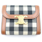 Celine Triomphe Check Trifold Wallet Compact Coin Purse Brown Ivory Leather Gold