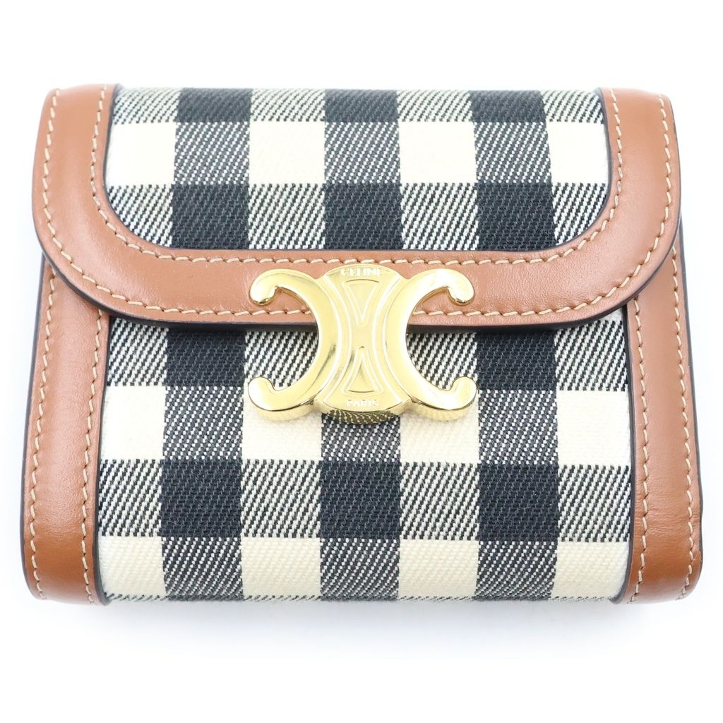 Celine Triomphe Check Trifold Wallet Compact Coin Purse Brown Ivory Leather Gold