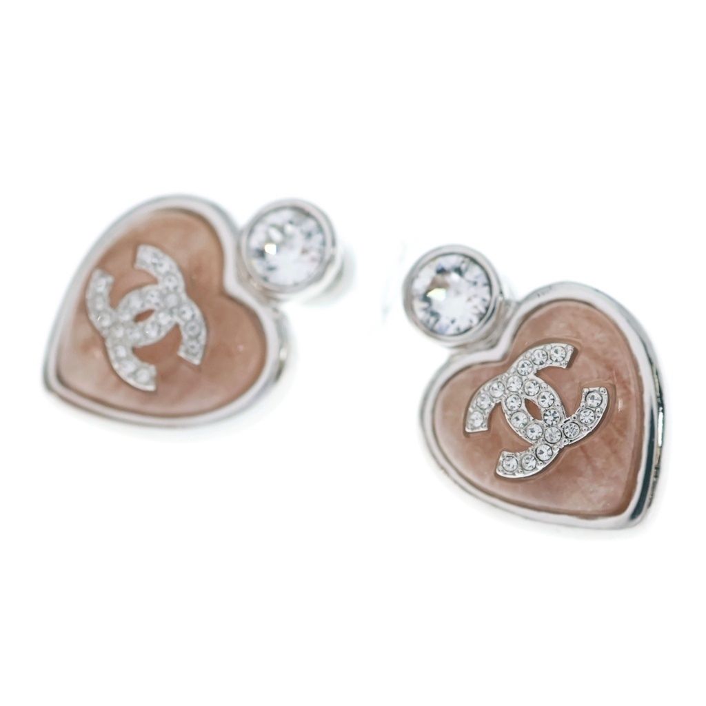 Chanel CC Logo Strass Heart Earrings Rhinestone Metal Beige Silver