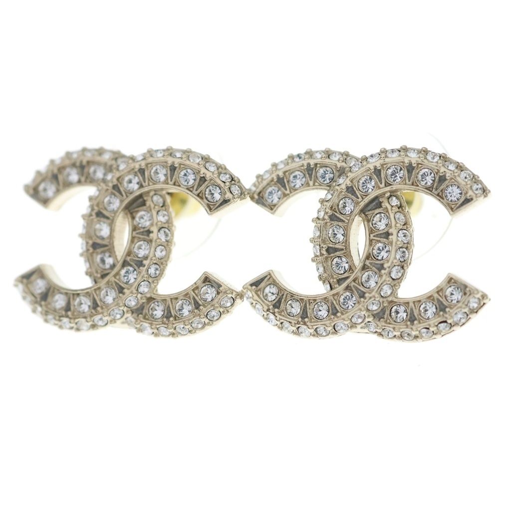 Chanel CC Logo Rhinestone Earrings Gold