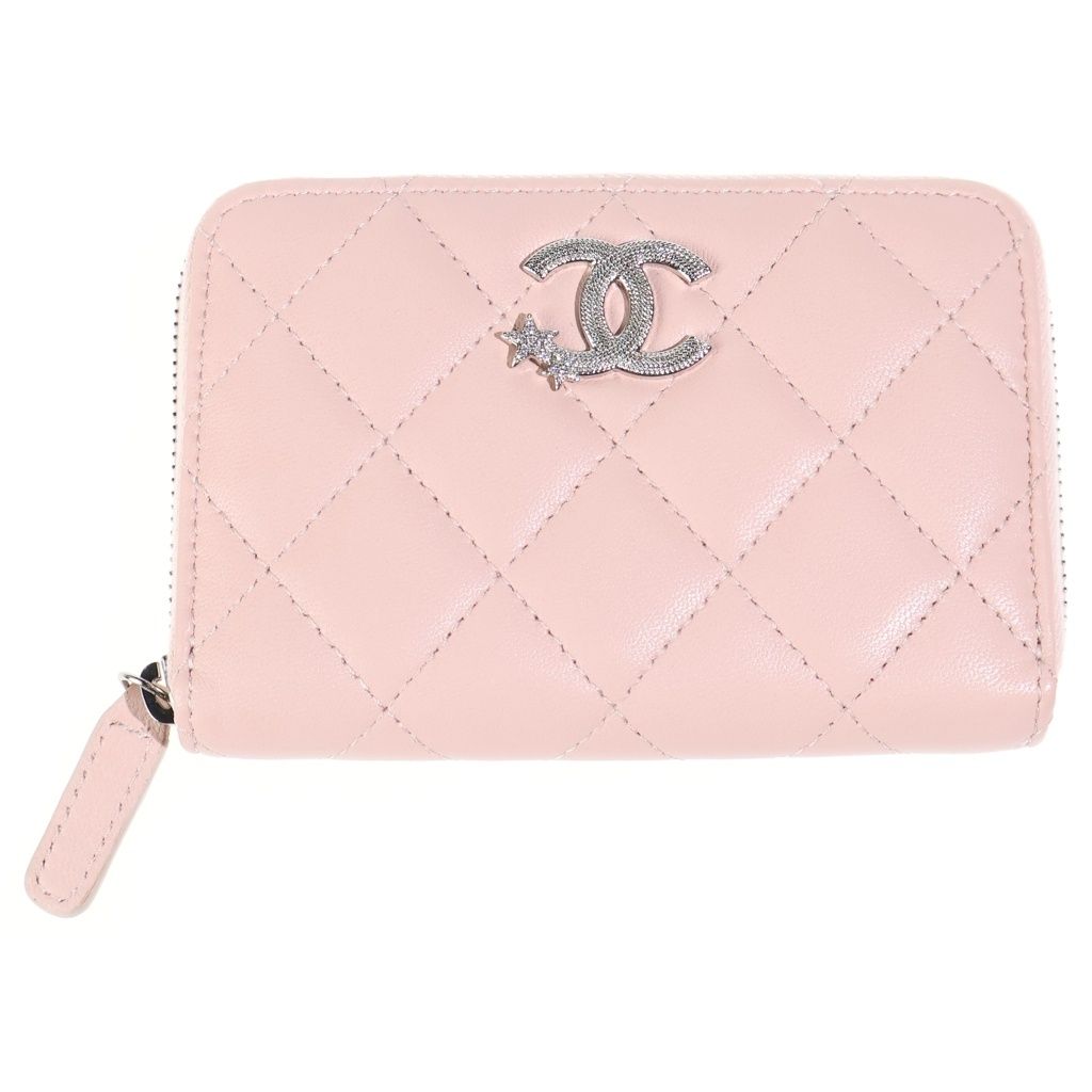 Chanel Quilted CC Logo Star Coin Purse Mini Wallet Pink Lambskin Silver