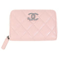 Chanel Quilted CC Logo Star Coin Purse Mini Wallet Pink Lambskin Silver