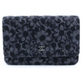 Chanel Chain Wallet Floral Print Denim Shoulder Bag Pouch Black Plate