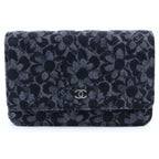Chanel Chain Wallet Floral Print Denim Shoulder Bag Pouch Black Plate