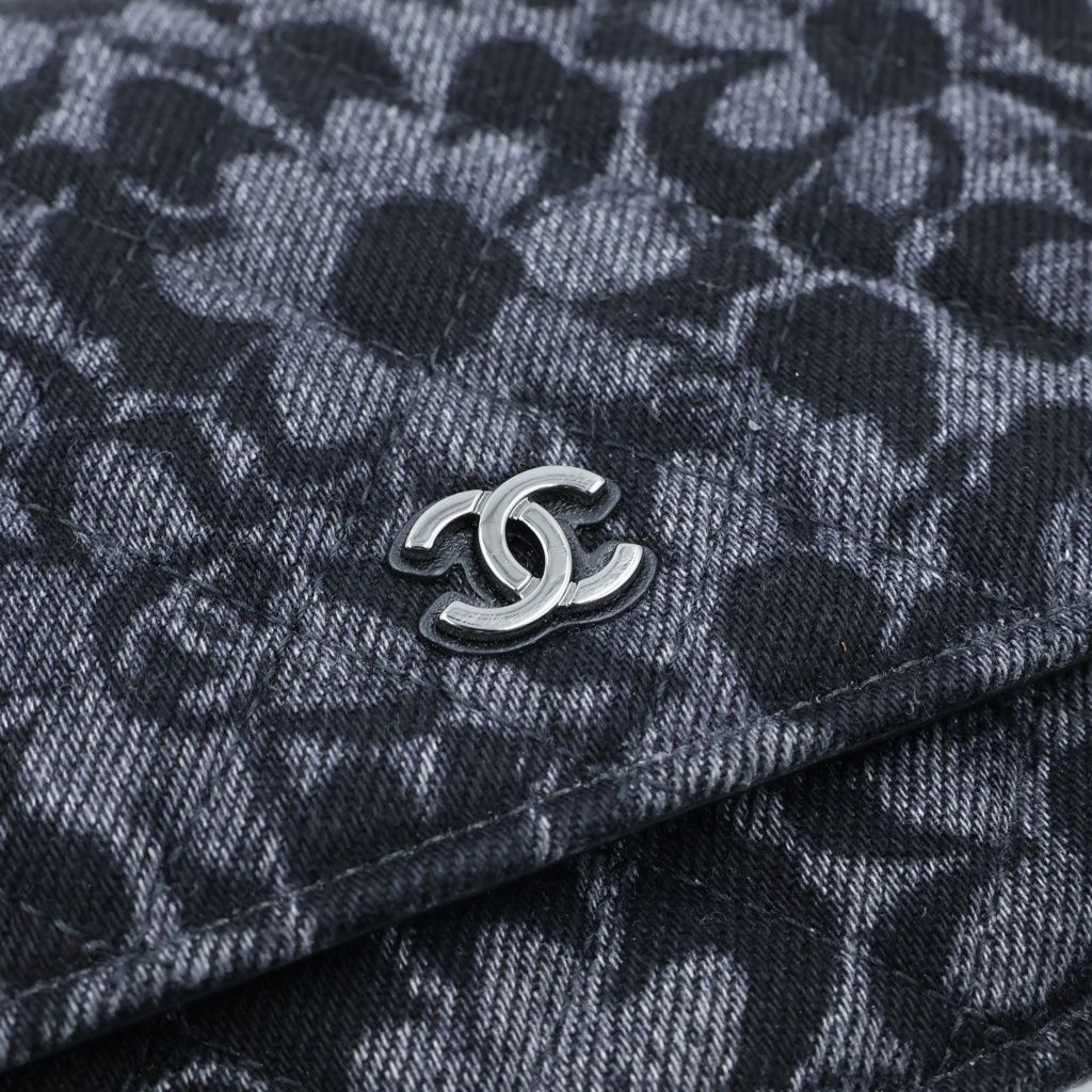 Chanel Chain Wallet Floral Print Denim Shoulder Bag Pouch Black Plate — view 7