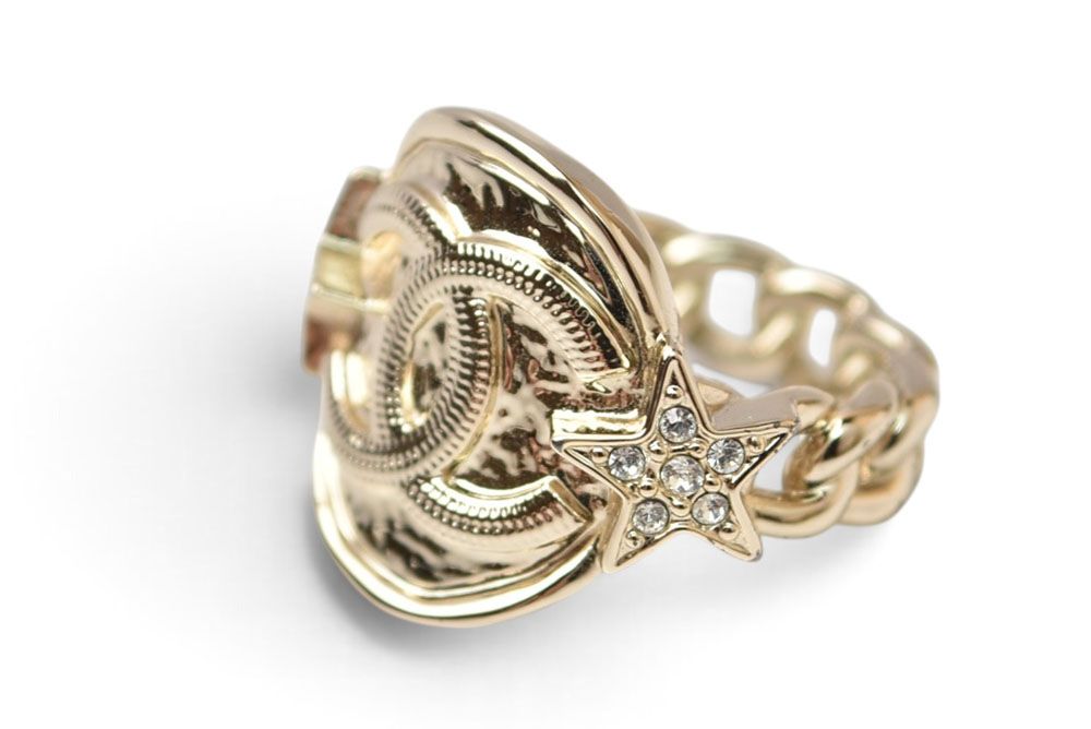 Chanel Ring CC Logo Star Rhinestone Gold Plated