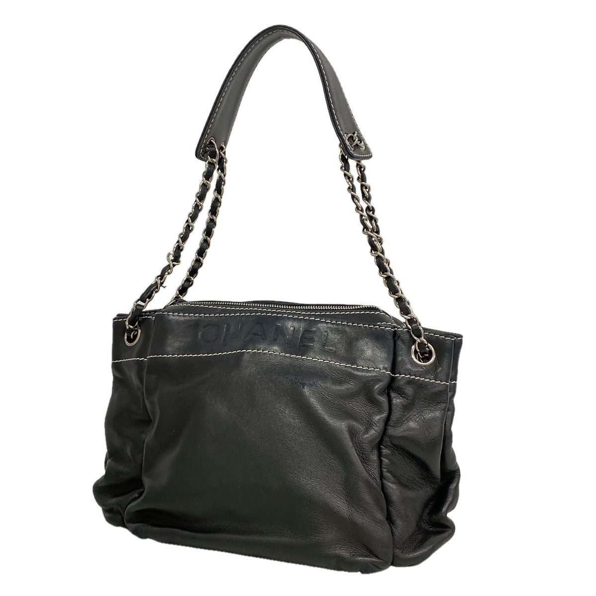 Chanel Shoulder Bag Lambskin Black Silver