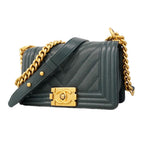Chanel Shoulder Bag Boy Caviar Leather Steel Blue Gold