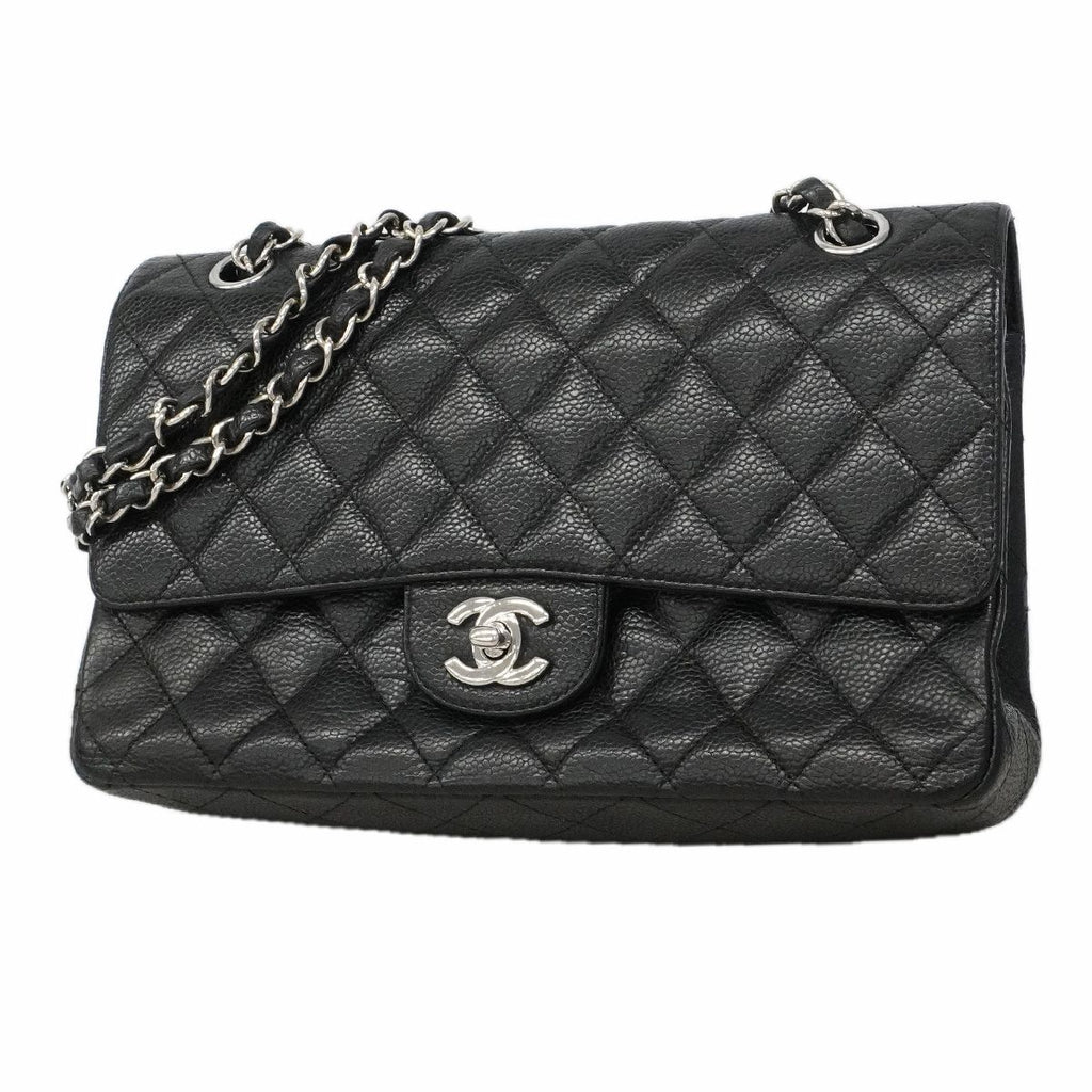Chanel Shoulder Bag Quilted Caviar Leather Black Silver