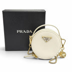 Prada Saffiano Leather Triangle Logo Chain Shoulder Round Mini Pouch White Gold — view 2