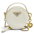 Prada Saffiano Leather Triangle Logo Chain Shoulder Round Mini Pouch White Gold