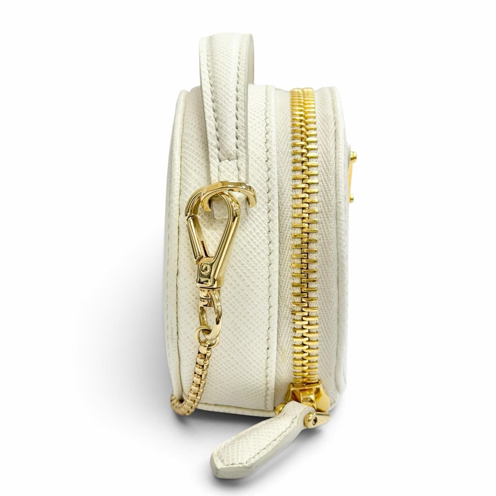 Prada Saffiano Leather Triangle Logo Chain Shoulder Round Mini Pouch White Gold — view 5