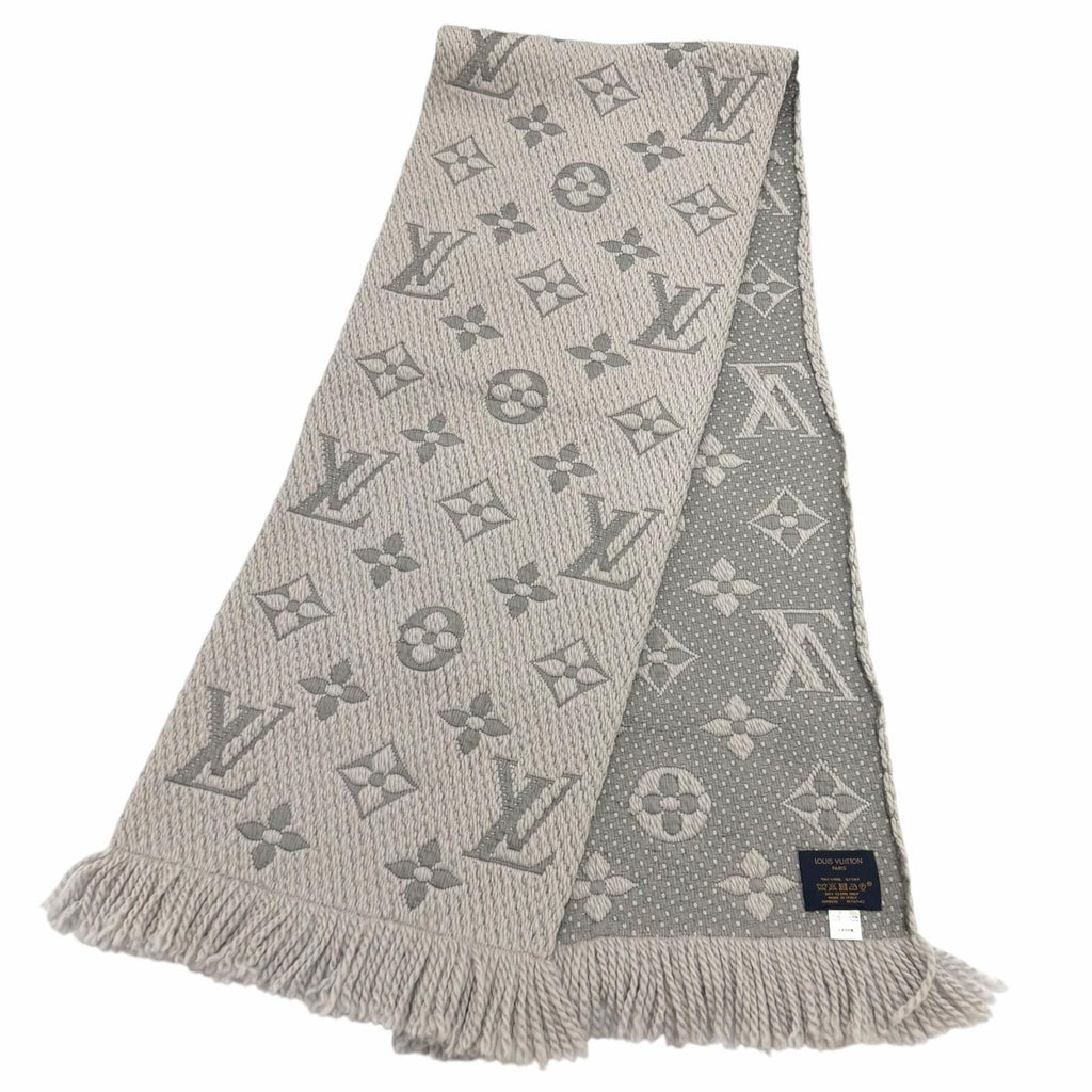 Louis Vuitton Logomania Scarf Wool Silk Blend Gray Perlee Fringe — view 3