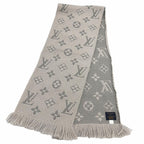 Louis Vuitton Logomania Scarf Wool Silk Blend Gray Perlee Fringe — view 3